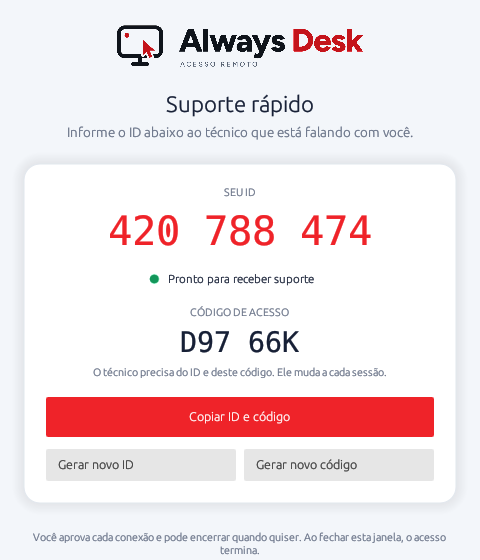 Janela do suporte rápido mostrando o ID e o código de acesso
